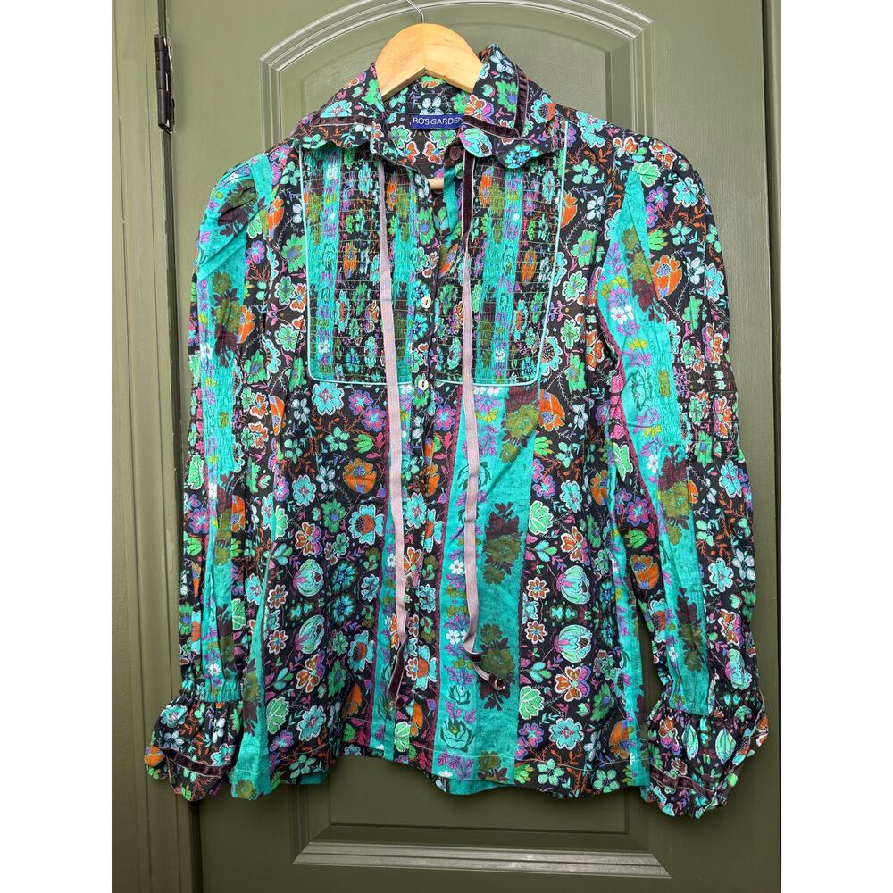 NWT Ro's Garden Jiji Floral Button Up Smocked Boho Art Shirt Yeshi Aqua Teal XS